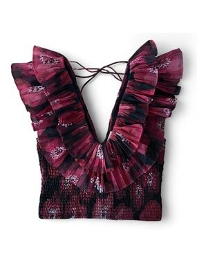 Ollari New York Red/Black Floral Ruffled Organza Blouse